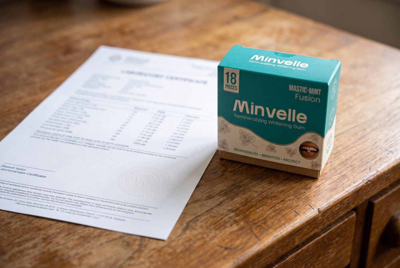 A laboratory certificate on a desk beside the Minvelle carton