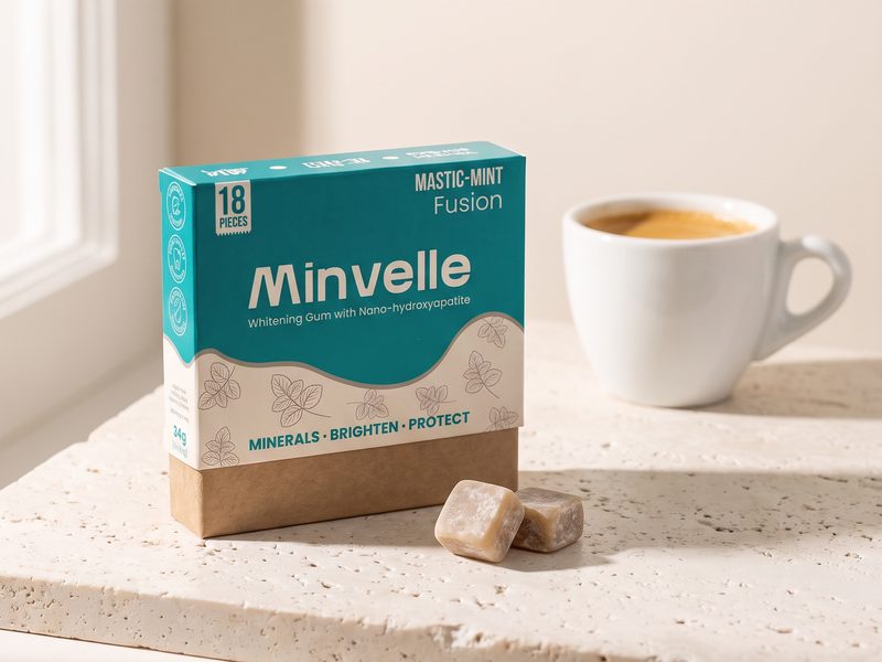 Minvelle box with two gum pieces and an espresso cup