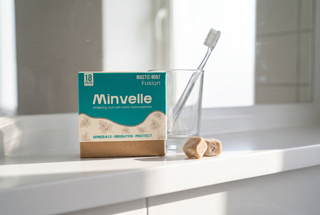 Minvelle gum box on a bathroom shelf next to a toothbrush in a glass
