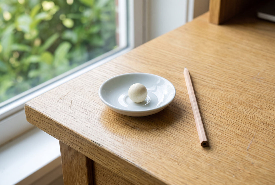 One pale gum piece on a small white dish on a desk in daylight