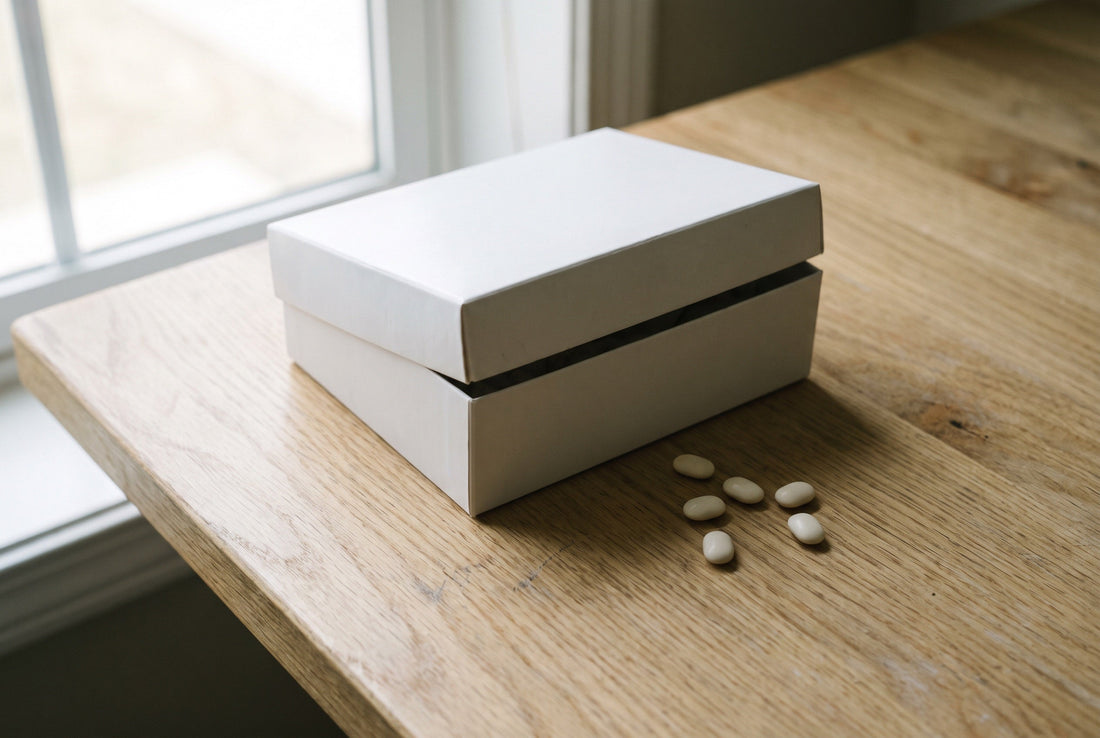 Unbranded white box with a few pale gum pieces on a desk in daylight