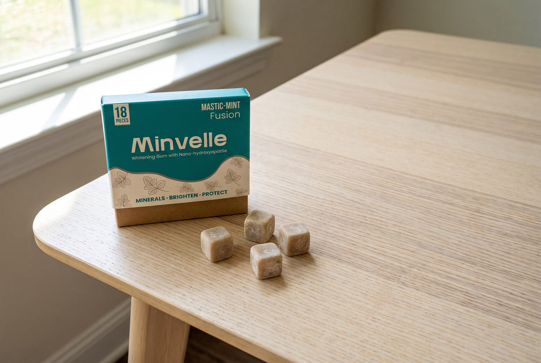 Minvelle gum box standing on a wooden table with a few gum pieces in front of it