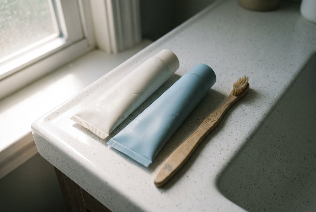 Two plain toothpaste tubes side by side on a bathroom counter