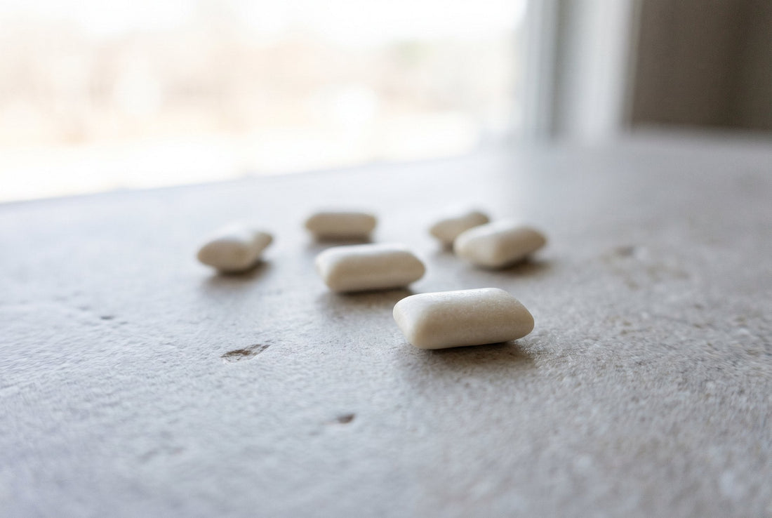 Unbranded gum pellets scattered on a pale grey stone tabletop