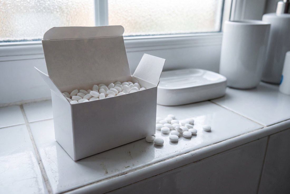 Small plain box of white gum pellets on a bathroom shelf in daylight