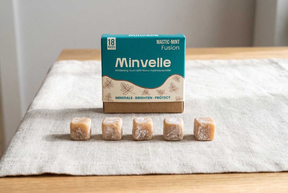 Minvelle remineralizing gum box with a row of gum pieces on a linen table