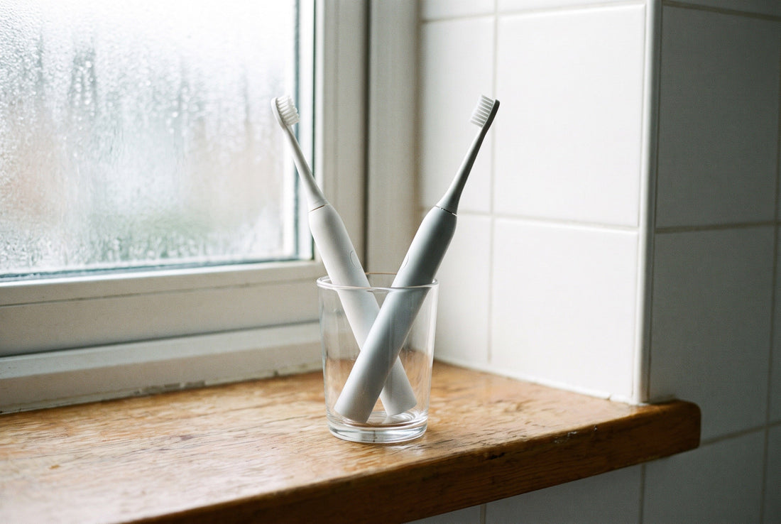 Two unbranded electric toothbrushes standing in a glass on a bathroom shelf