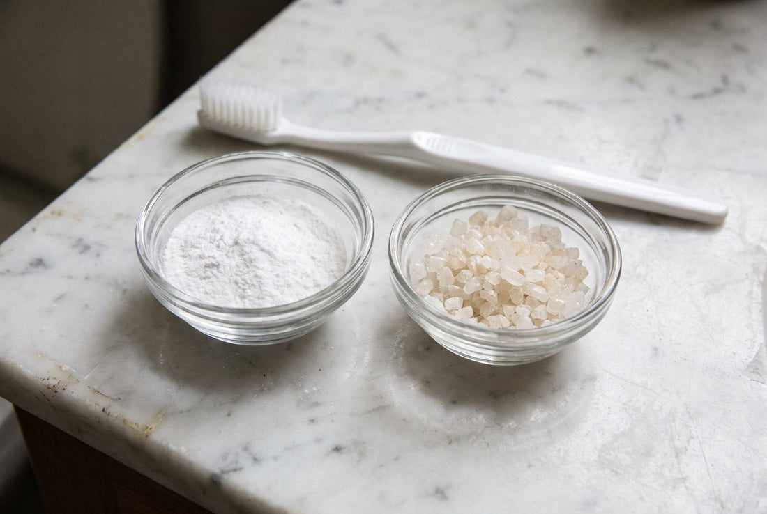 Two glass dishes of white mineral compounds beside a toothbrush