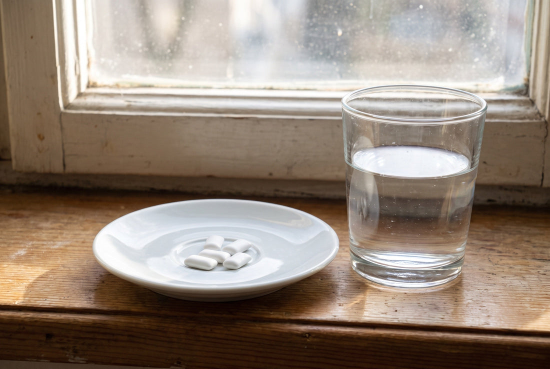 A few white gum pellets on a saucer next to a glass of water on a windowsill