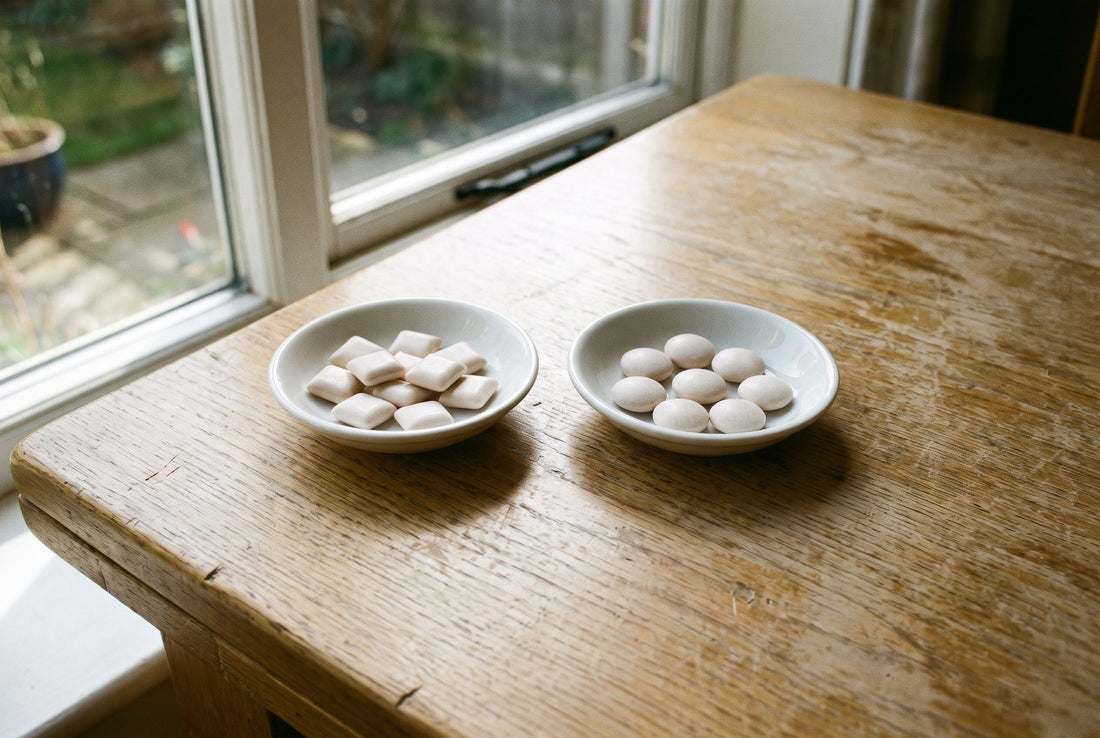 Two small dishes of unbranded gum pellets side by side on an oak table