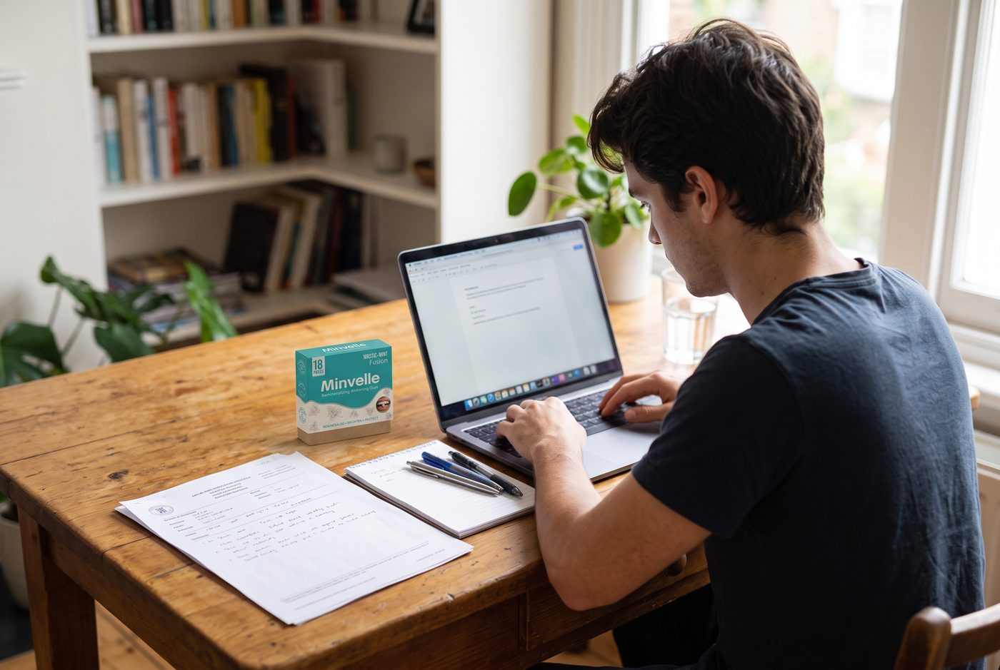 The founder at his desk with a lab document and the product