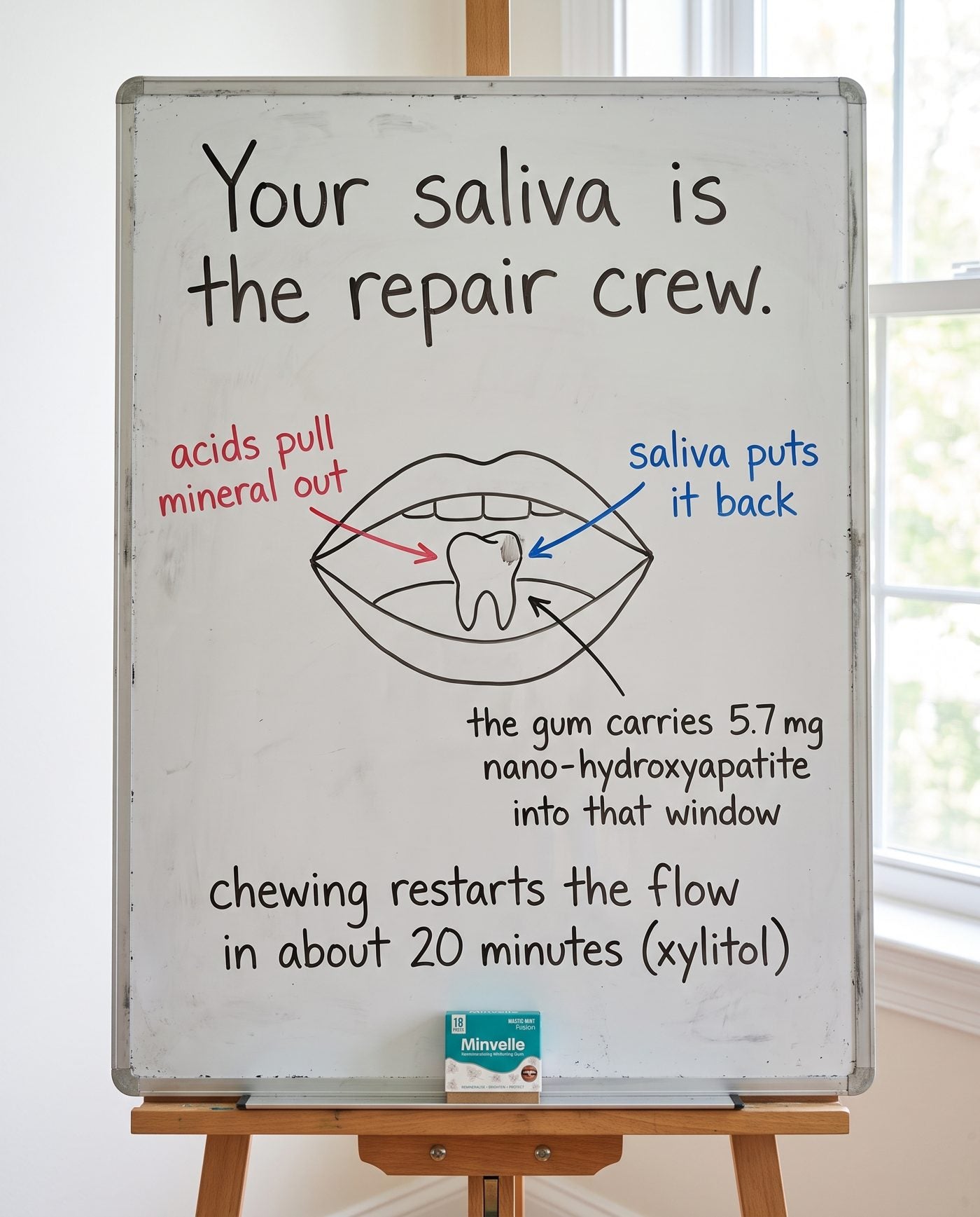 A hand-drawn diagram of how saliva returns minerals to enamel