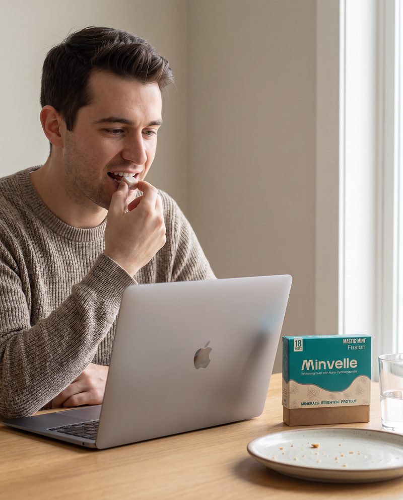 A man at a laptop after lunch chewing a piece of Minvelle gum
