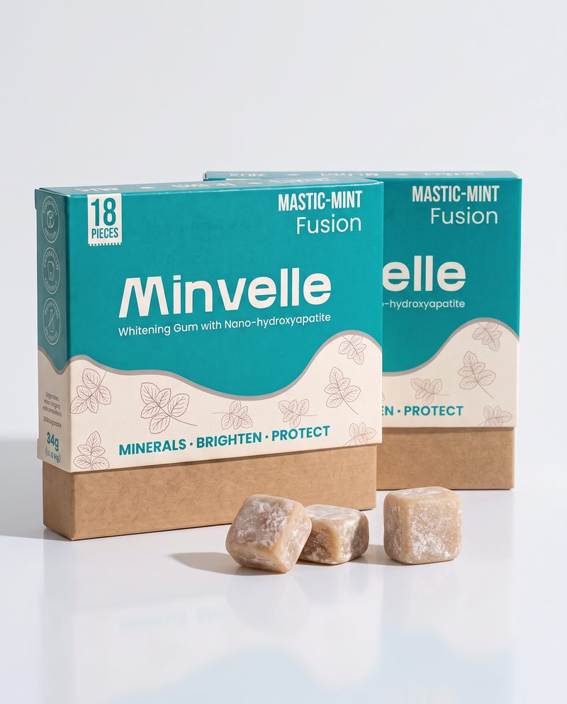Two Minvelle boxes with gum pieces on a light grey surface